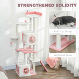 65 Inch Cat Tree with 2 Doors Condos, 4 Pompoms