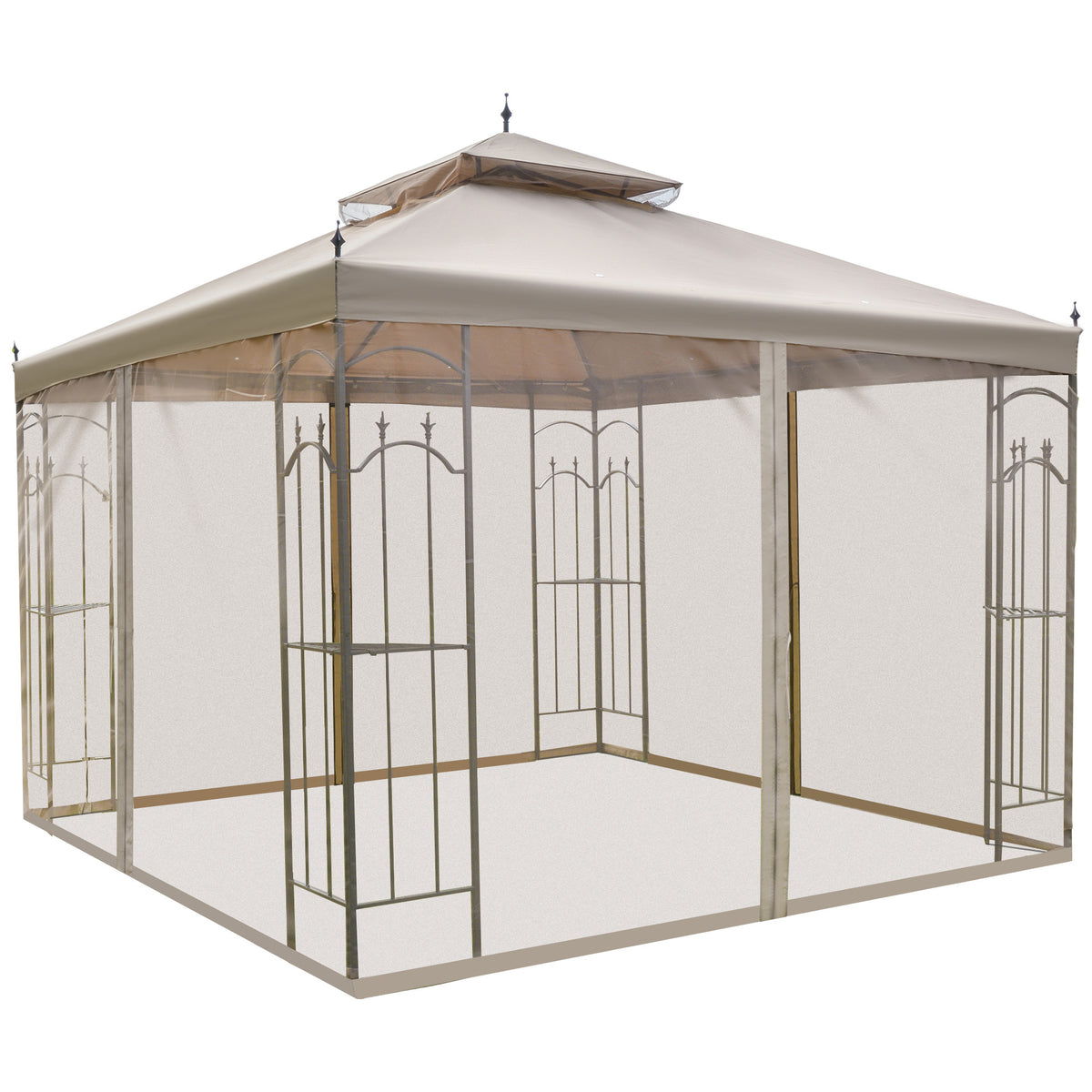 Gazebo de patio en acier 10' x 10' avec rideaux de mailles amovibles, tablettes d'exposition et cadre en acier