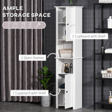 Armoire de salle de bain haute, meuble de rangement autonome avec étagères et 2 placards