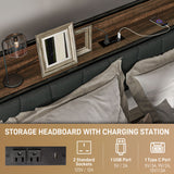 Queen Size Bed Frame with Charging Station, Queen Bed Frame with Upholstered Headboard and Storage Shelf