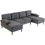 U Shape Couch with Double Chaise Lounge, Modern 4 Seater Sofa with Wooden Legs, Fabric Sofa for Living Room