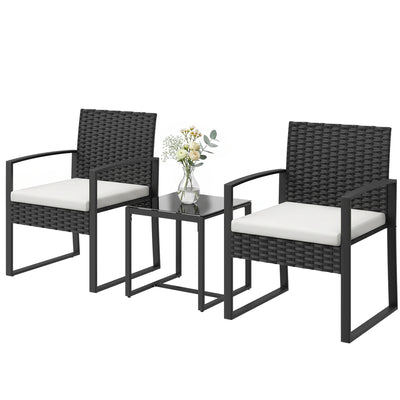 Outdoor Bistro Set, 3 Piece Wicker Patio Furniture Set with Glass Top Table and Cushions for Porch