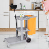 Janitorial Cart with 3 Shelves, Cleaning Cart on Wheels with Rubbish Bag and Mop Holders for Hotel
