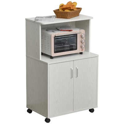 Microwave Cart on Wheels Utility Trolley Storage Sideboard Bookcase with 2-door Cabinet