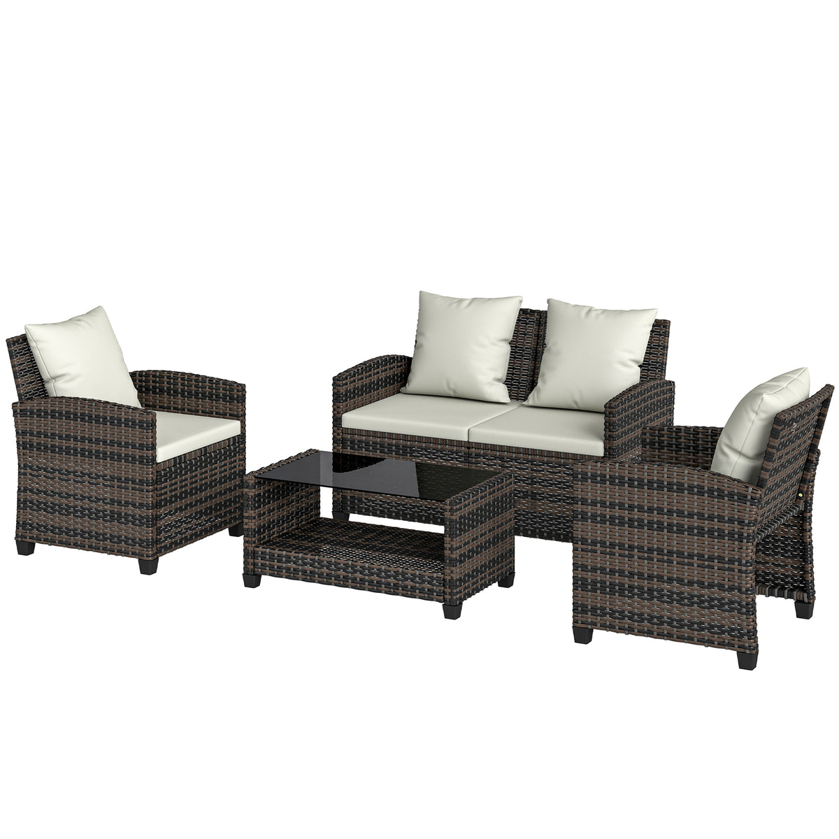 4-Piece Outdoor Wicker Patio Furniture Conversation Set, Chairs and 2-Tier Table with Cushions