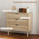 Commode de chambre, meuble-classeur 3 tiroirs avec panneaux cannelés et pieds en bois massif, armoire de rangement pour salon