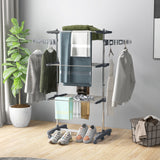 3-Tier Foldable Clothes Drying Rack, Stainless Steel Laundry Rack with 2 Side Wings and 6 Castors, Collapsible Adjustable Clothes Airer for Indoor Outdoor