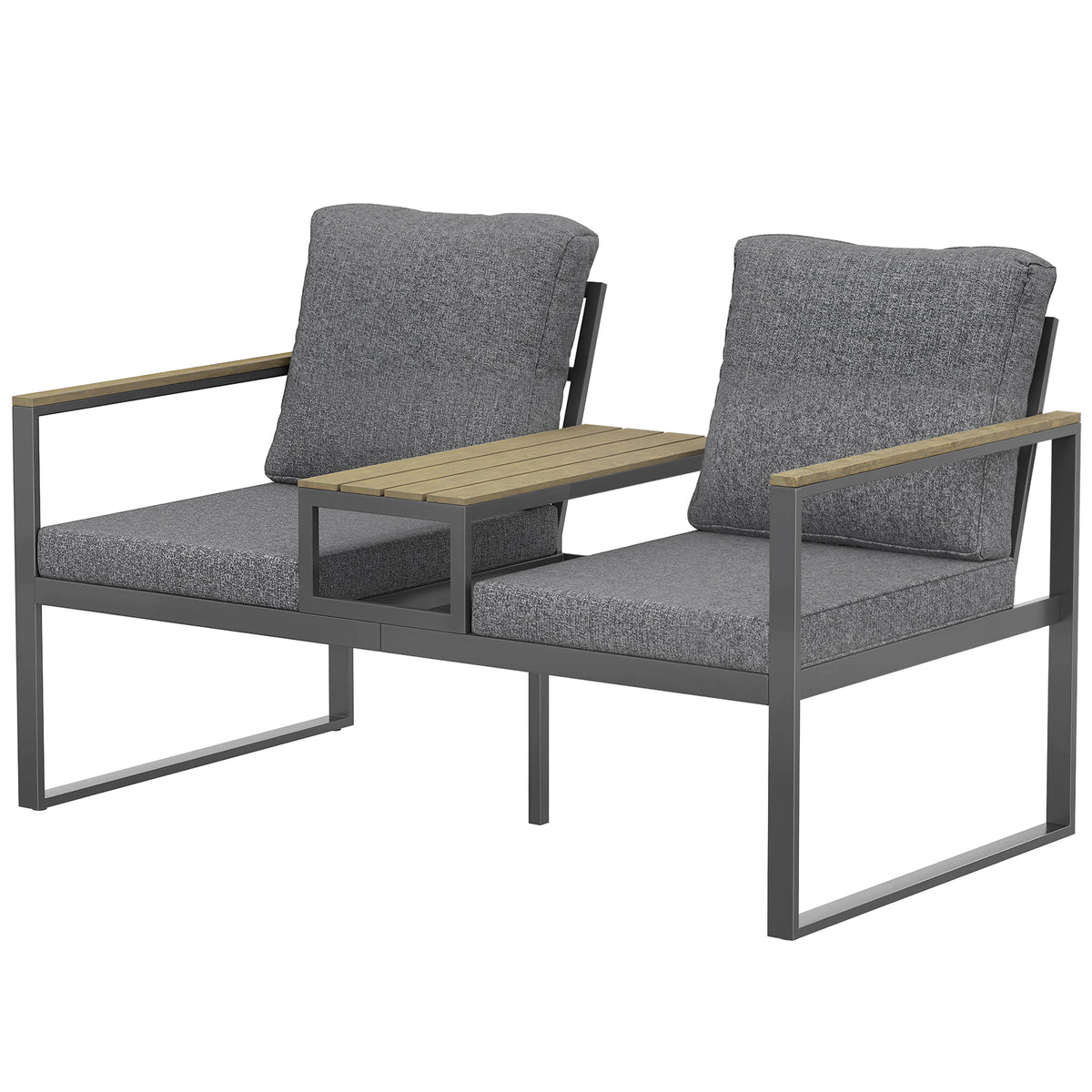 Outdoor Garden Bench with Integrated Table, 2 Seater Patio Loveseat with Thick Cushions, 136 cm Grey