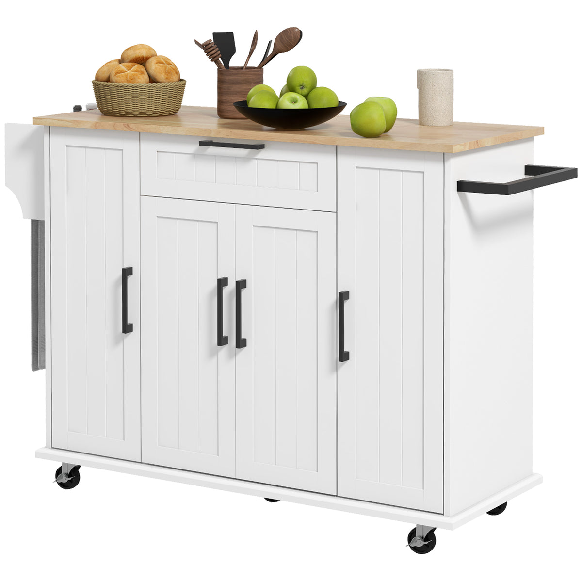 Modern Rolling Kitchen Island Cart with Drawers, Natural Wood Top, Towel Rack, Door Storage Cabinet