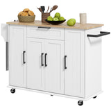 Modern Rolling Kitchen Island Cart with Drawers, Natural Wood Top, Towel Rack, Door Storage Cabinet