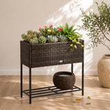 Rattan Raised Garden Boxes, Elevated Flower Beds with Storage Shelf for Herbs