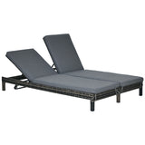 Wicker Double Chaise Lounge Chair Outdoor Recliner 2 Person Rattan Patio Reclining Sunbed Furniture Cushioned w/Adjustable Backrest