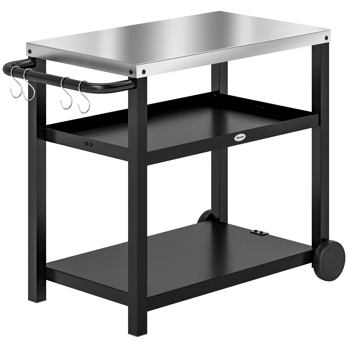 3-Shelf Outdoor Grill Dining Cart Pizza Oven Stand with Stainless Steel Top, Movable BBQ Food Prep Table Outdoor Kitchen Island with Hooks Wheels Handle