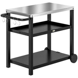 3-Shelf Outdoor Grill Dining Cart Pizza Oven Stand with Stainless Steel Top, Movable BBQ Food Prep Table Outdoor Kitchen Island with Hooks Wheels Handle