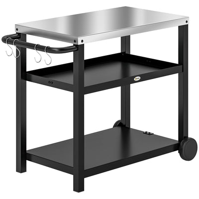 3-Shelf Outdoor Grill Dining Cart Pizza Oven Stand with Stainless Steel Top, Movable BBQ Food Prep Table Outdoor Kitchen Island with Hooks Wheels Handle