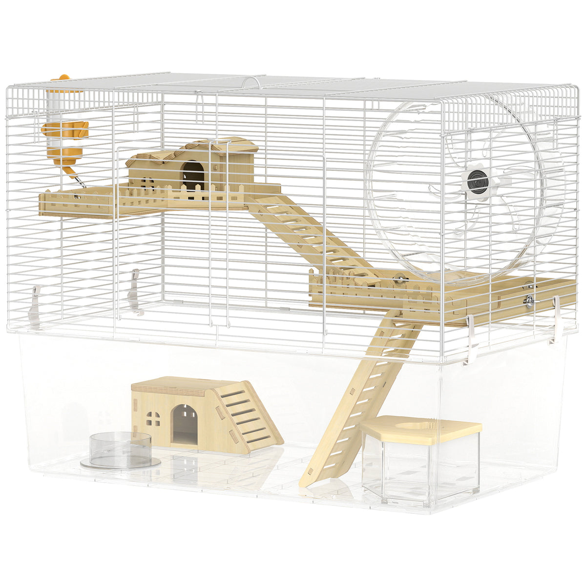 Hamster Cage with Deep Bottom, Wooden Ramp, Bathroom and Exercise Wheel for Hamster and Gerbil