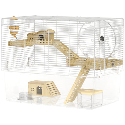 Hamster Cage with Deep Bottom, Wooden Ramp, Bathroom and Exercise Wheel for Hamster and Gerbil