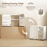 Rolling Sewing Machine Table with Power Outlet, Folding Craft Table with 2 Fabric Drawers, 2 Bins and 18 Pegs
