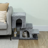 4-Step Pet Stairs, Adjustable Height Cat Stairs with Scratching Posts Cat Condo, Hanging Ball for High Bed