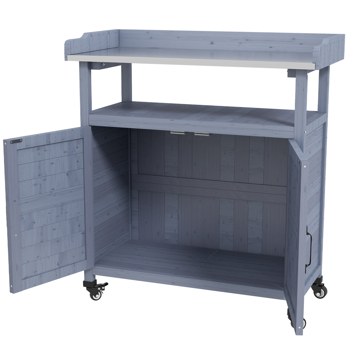 Établi de rempotage en bois extérieur avec armoire de rangement, roues en caoutchouc pour cour arrière