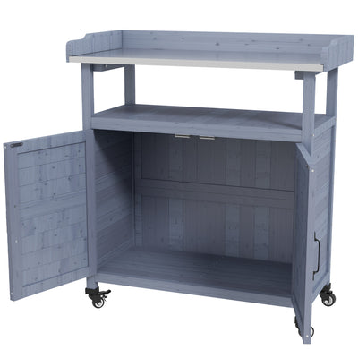 Outdoor Wooden Potting Bench with Storage Cabinet, Rubber Wheels for Backyard