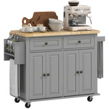 Kitchen Island with Storage, Rolling Trolley Cart with Rubber Wood Top, Spice Rack