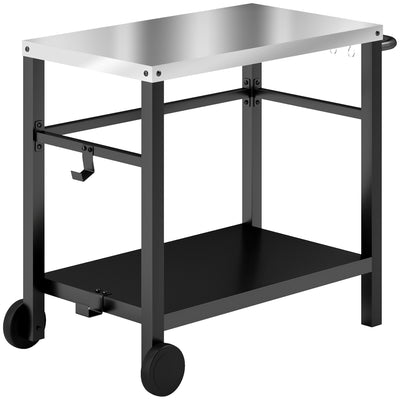 Outdoor Grill Dining Cart with Stainless Steel Tabletop, 2-Shelf BBQ Movable Pizza Oven Stand with Wheels
