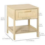 Narrow Nightstand with Rattan Elements, Bedside Table with Drawer and Storage Shelf for Bedroom
