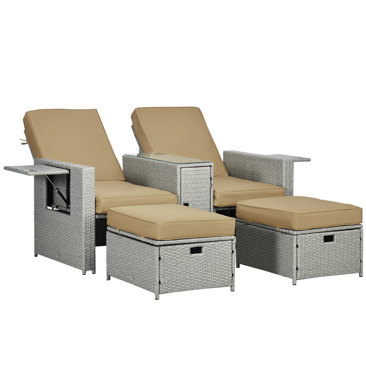 5PC Wicker Patio Lounger, Outdoor PE Rattan 5-level Adjustable Recliner Sofa Bed with Storage Side Table and Footstools