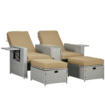 5PC Wicker Patio Lounger, Outdoor PE Rattan 5-level Adjustable Recliner Sofa Bed with Storage Side Table and Footstools