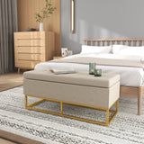 Banc de rangement ottoman avec couvercle rabattable, banc de rangement rembourré, repose-pieds en tissu de lin avec pieds en acier pour le salon