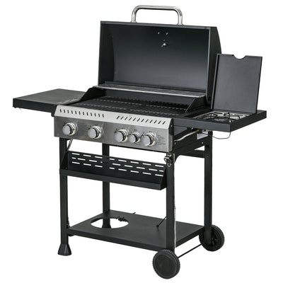 40, 000 BTU Propane Gas Grill BBQ Cart with 4 Main Burners, 1 Side Burner