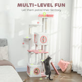 65 Inch Cat Tree with 2 Doors Condos, 4 Pompoms