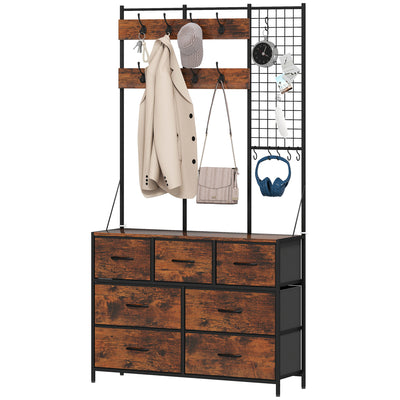 4-In-1 Coat Rack with 7 Drawer Fabric Dresser, Hall Tree with 14 Hooks for Hallway