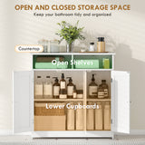 Bathroom Floor Cabinet, Freestanding Bathroom Storage Unit with 3 Doors, 2 Open Shelves and Adjustable Shelf