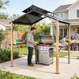 8 x 6ft Hardtop Grill Gazebo, BBQ Gazebo with Metal Double Roof, Outdoor Grill Canopy with Wood-Grain Aluminum Frame