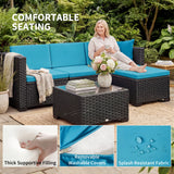 5 Piece Patio Furniture Set, L-Shape Wicker Outdoor Sectional with 3 Chairs, Glass Table