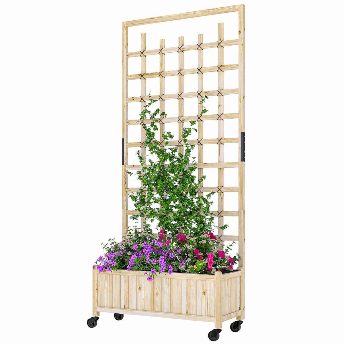 Wooden Planter with Trellis, Raised Garden Bed with Wheels, Nature Wood