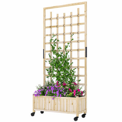 Wooden Planter with Trellis, Raised Garden Bed with Wheels, Nature Wood