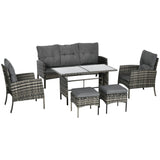 Ensemble de mobilier de patio d'extérieur 6 pièces avec chaises, canapé, table à café plateau verre et coussins