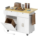 Kitchen Island Cart with Charging Station and Drop Leaf, Kitchen Island Table on Wheels with Trash Can Cabinet