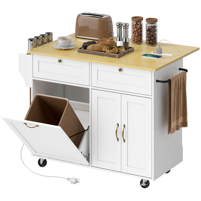 Kitchen Island Cart with Charging Station and Drop Leaf, Kitchen Island Table on Wheels with Trash Can Cabinet
