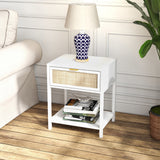 Boho Nightstand, Bedside Table with Rattan Drawer and Open Shelf