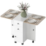 Drop Leaf Dining Table, Mobile Folding Table on Wheels with Drawers and Cabinet for Dining Room