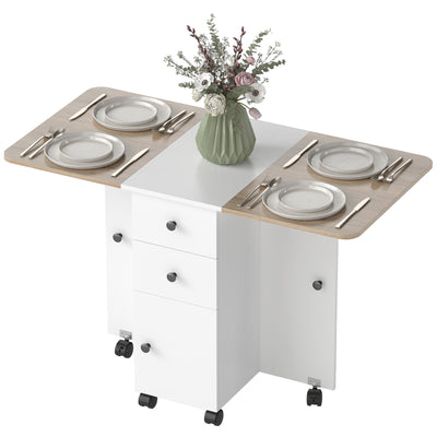 Drop Leaf Dining Table, Mobile Folding Table on Wheels with Drawers and Cabinet for Dining Room