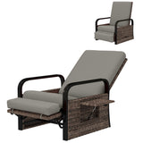 Fauteuil extérieur en rotin, chaise longue avec dossier ajustable, repose-pieds et plateau latéral
