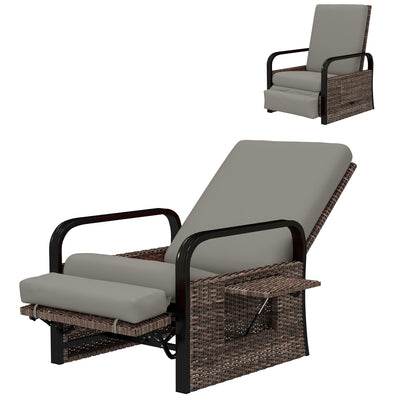 Wicker Outdoor Recliner Chair, Reclining Lounge Chair with Adjustable Backrest, Footrest and Side Tray