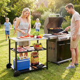 Outdoor Grill Cart with Stainless Steel Top, Three-Tier Pizza Oven Stand, BBQ Cart on Wheels