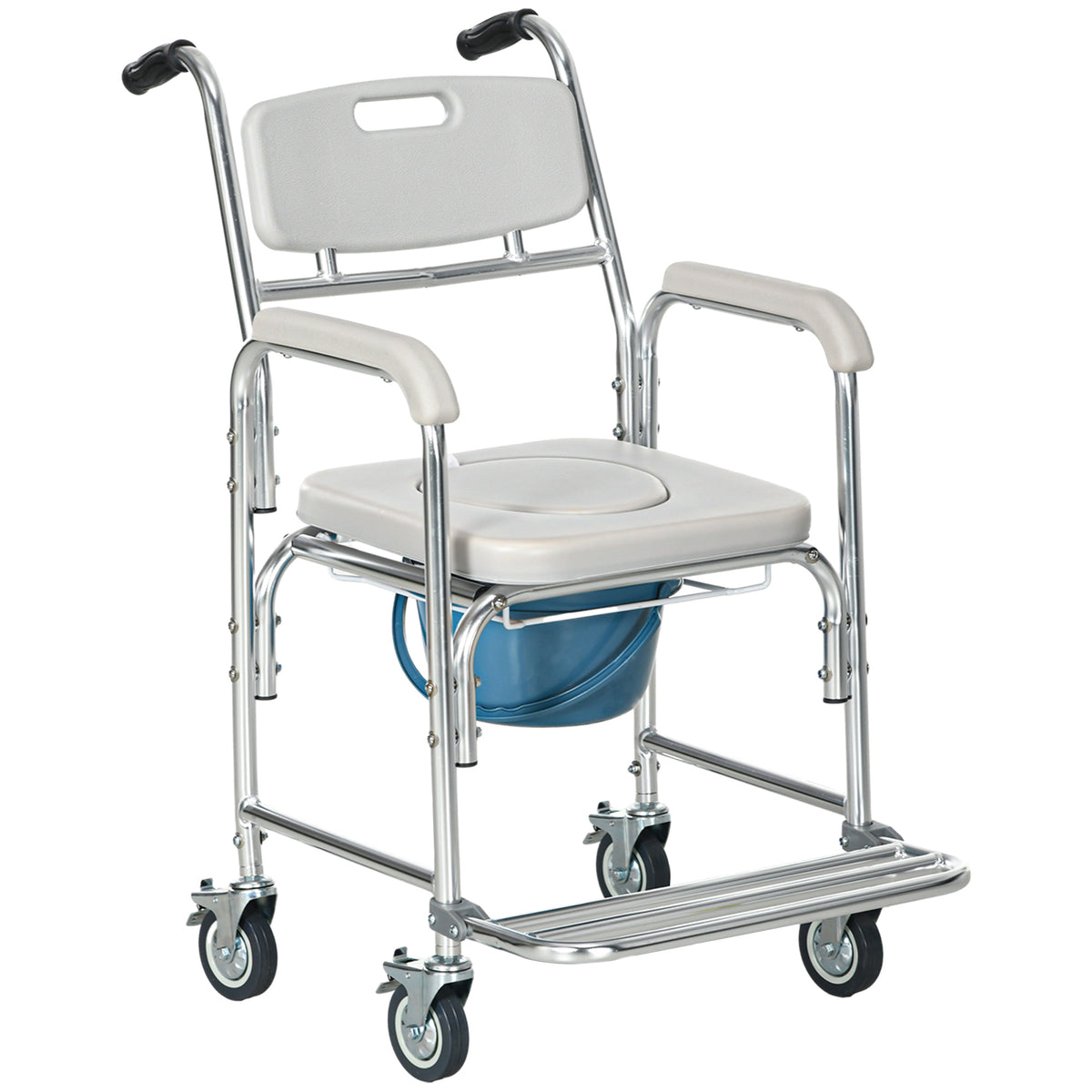 3-in-1 Shower Commode Wheelchair, Transport Beside Commode Chair with Padded Seat for the Elderly