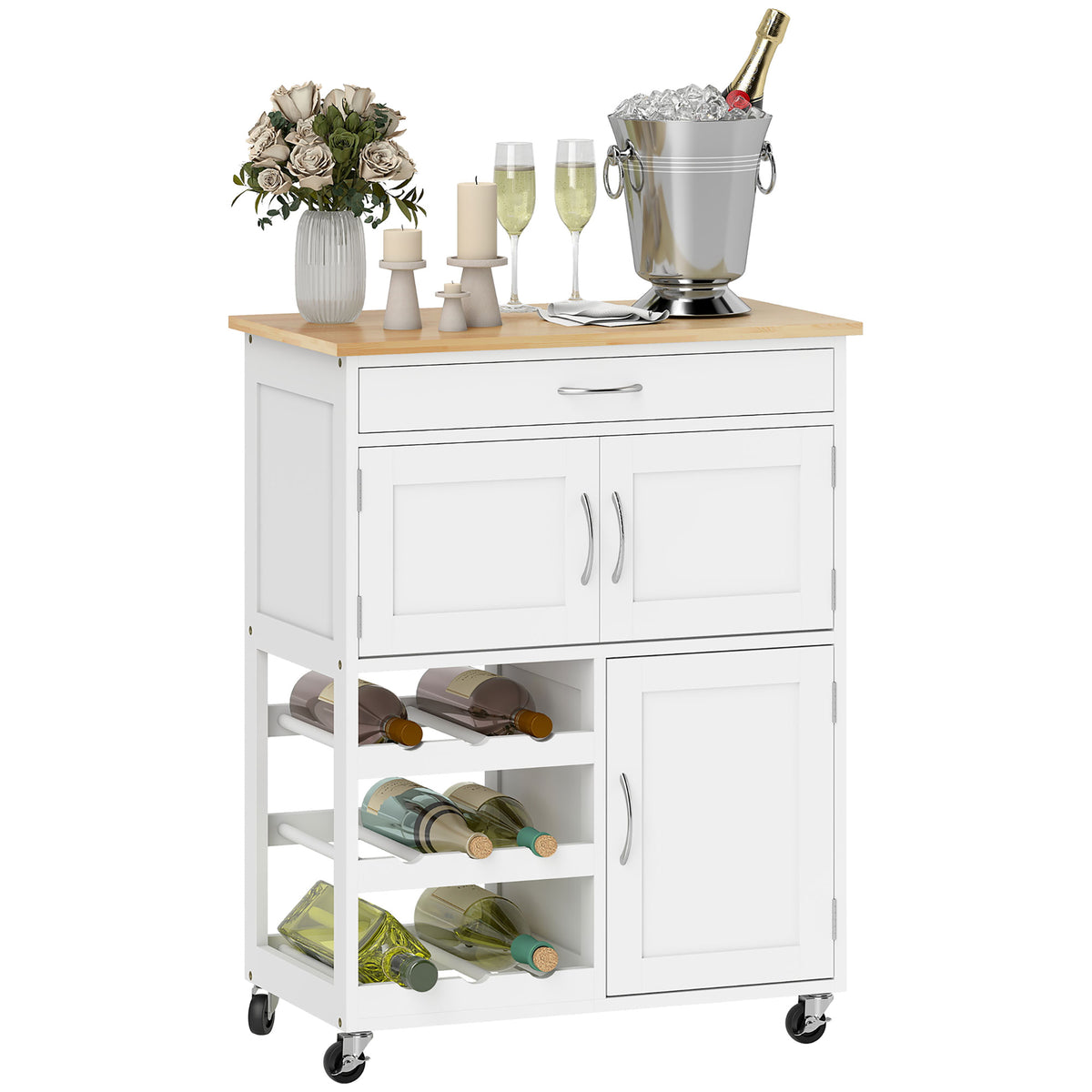 Rolling Kitchen Cart, Kitchen Island with Storage Drawer, 9-bottle Wine Rack, Wooden Countertop